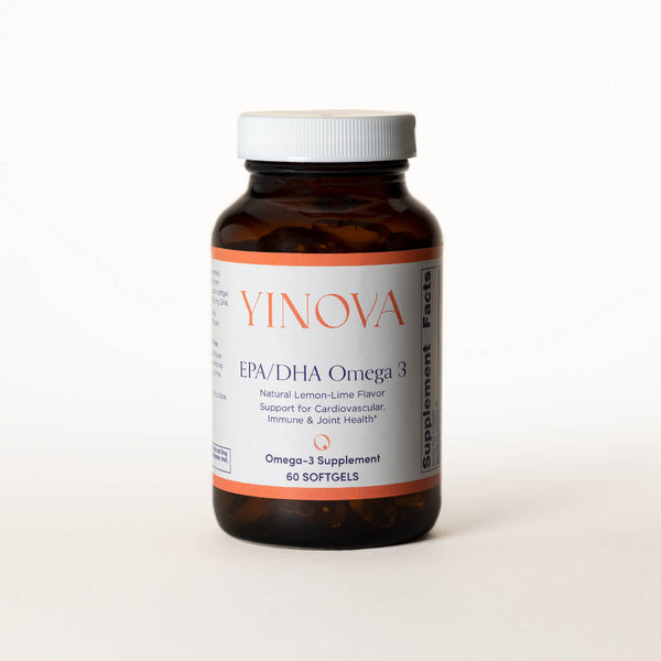 Clear brown bottle containing Yinova’s blend of EPA/DHA Omega 3 tablets