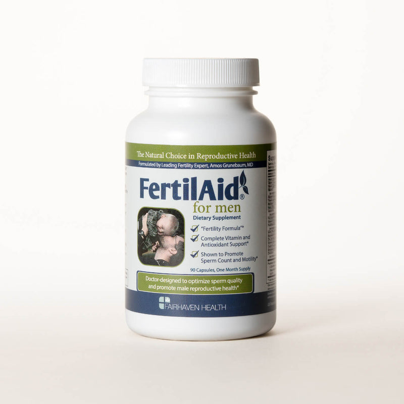 White bottle containing FertileAid tablets for Men's fertility 