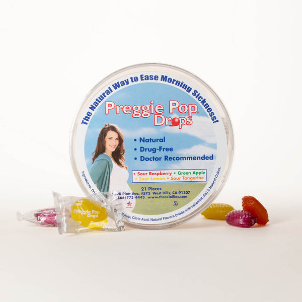 Plastic container with individually wrapped sour candies called Preggie Pop Drops